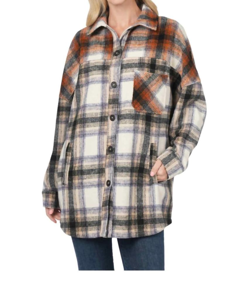 Front of a model wearing a size 2X Oversized Yarn Dyed Plaid Shacket in Camel/Rust in Camel/Rust by Zenana. | dia_product_style_image_id:326331